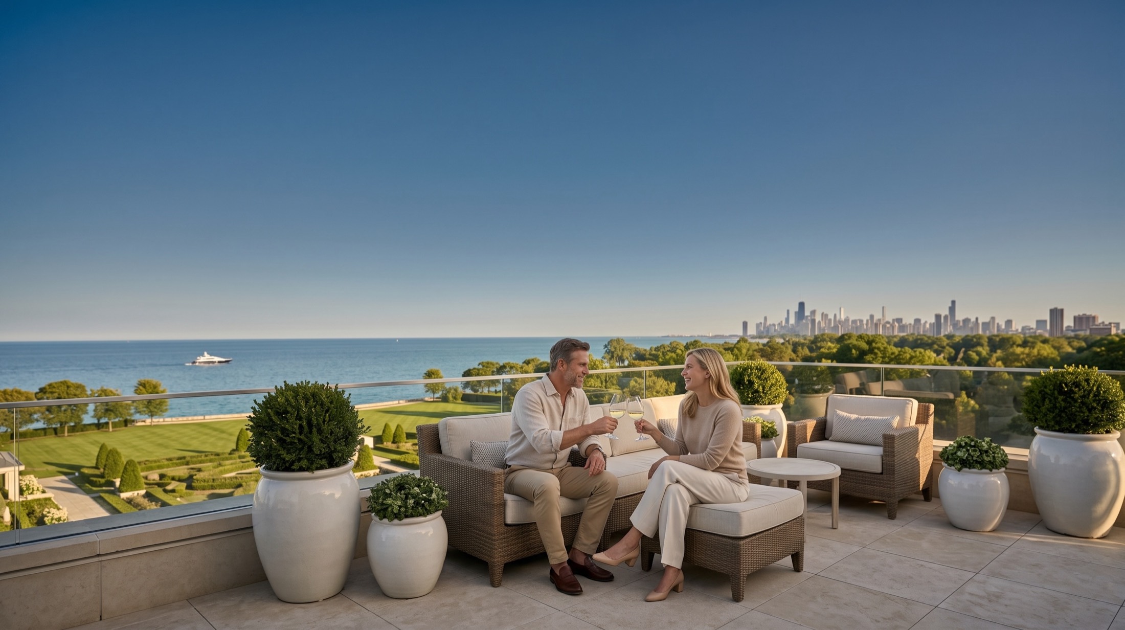 A couple relaxing with a glass of wine on a terrace overlooking the lake on a clear weekend afternoon.